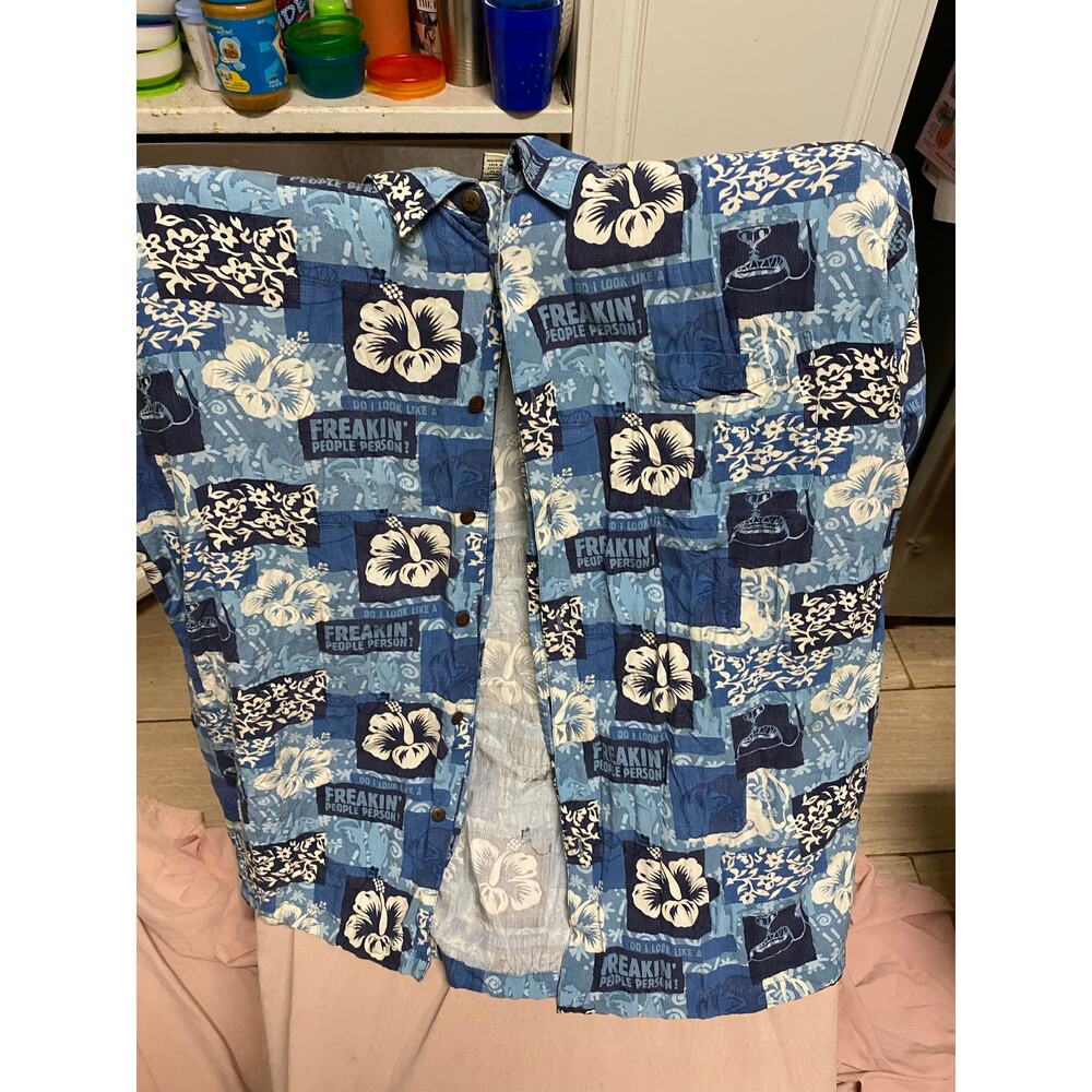 Big Dog Hawaiian Shirt Mens Extra Large Blue Rayon Floral Aloha Funny Print Camp